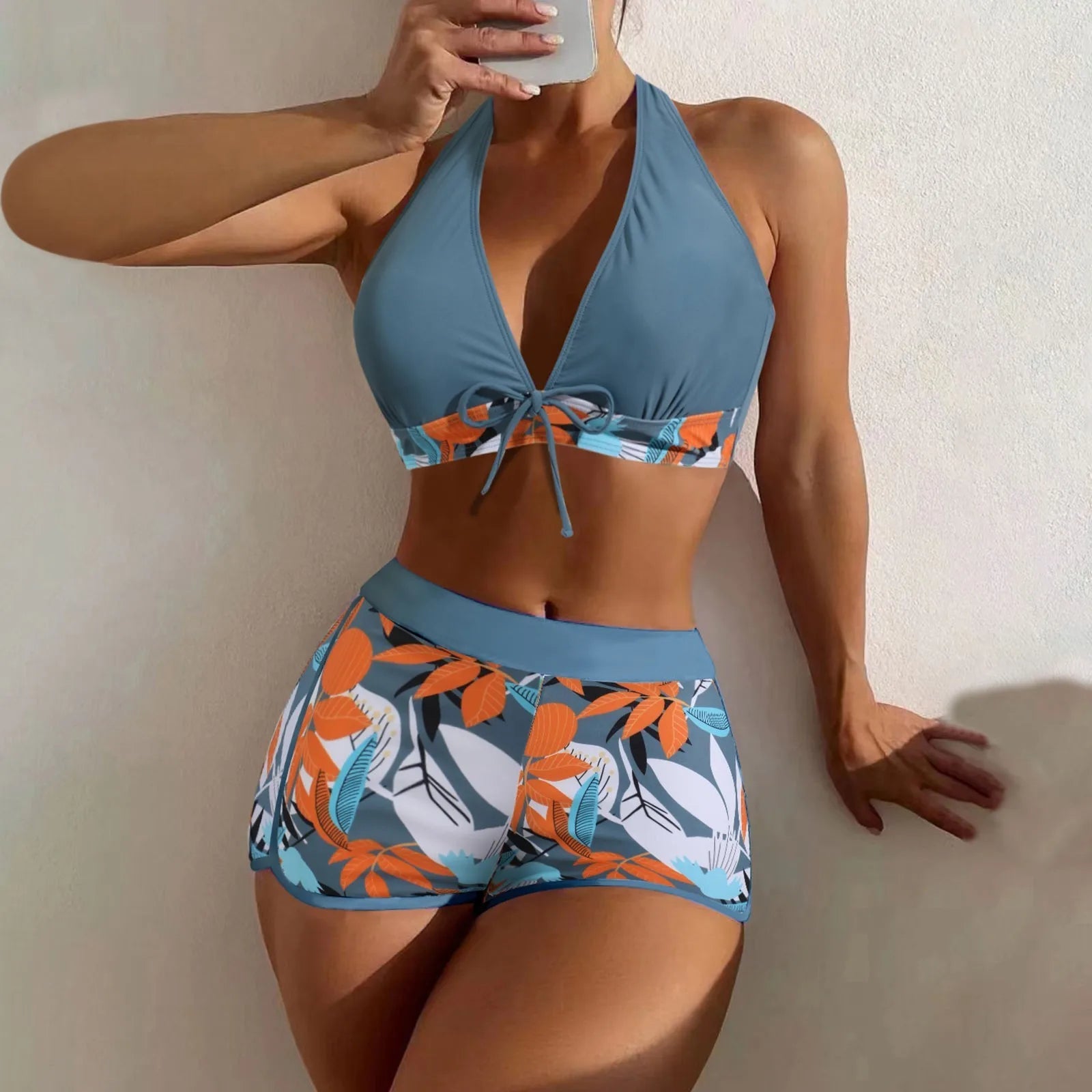 Women's Paneled Printed Swimsuit Ladies Fashion Sexy Split Boxer High Waist Swimsuit Two-Piece Set V-Neck Bathing Suits Female Qme Dark Gray XL