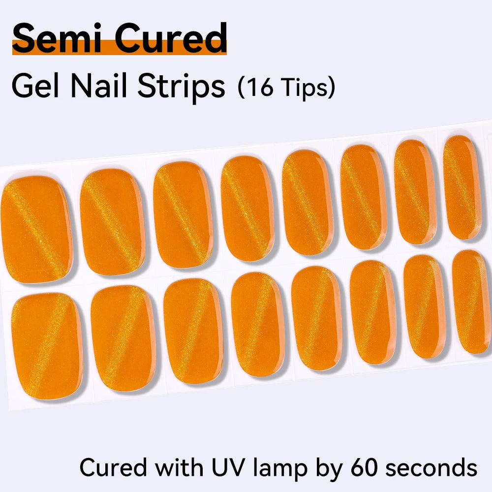 16Tips Red Blue Shine Cat Eyes Semi Cured Gel Nail Stickers Pure Fine Qme NF250062
