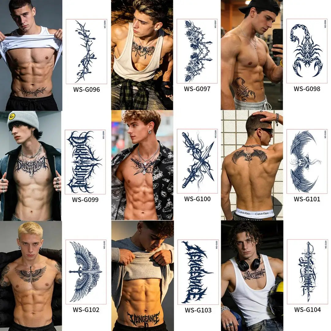 A Long Lasting Cyan Thorn Fake Tattoo Stickers 4/6/9Pcs, Non-Reflective Waterproof Temporary Decals for Belly Chest Back Waist Qme 9pcs WS-G096G104