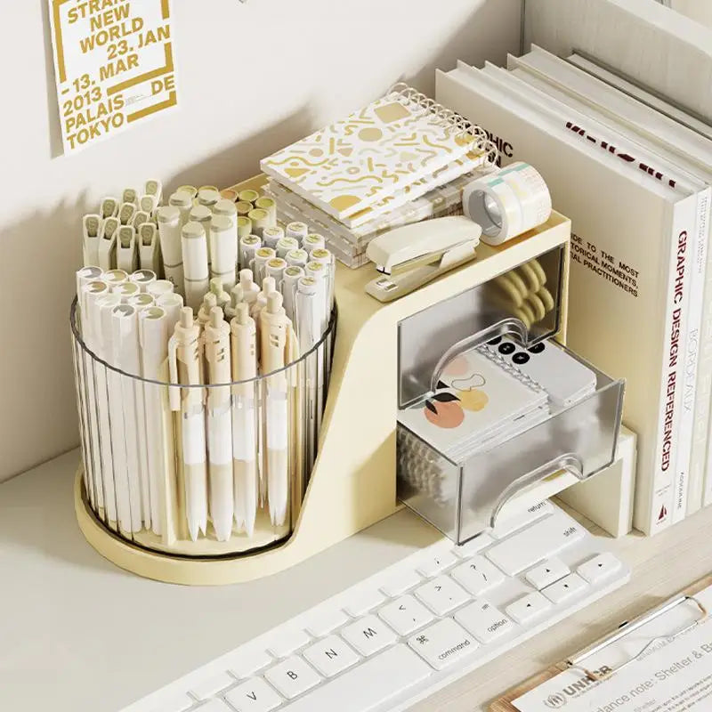Drawer Plastic Pen Holder Cosmetic Storage Box 2-in-1 Rotating Qme