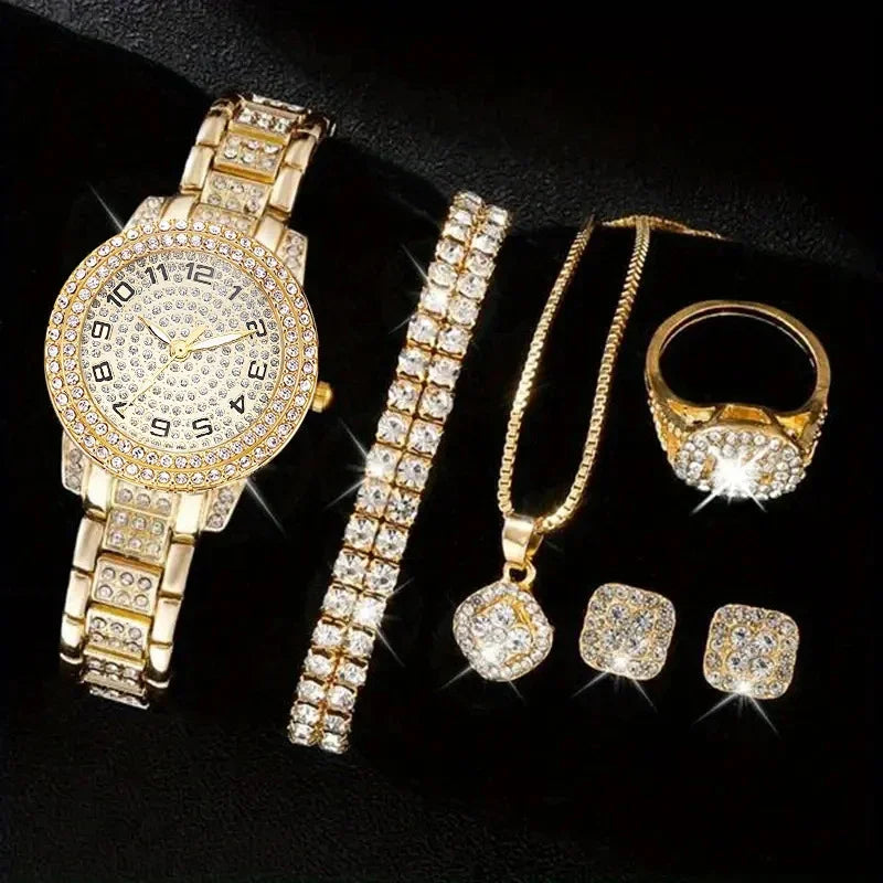 6-piece/set women's watch luxury rhinestone quartz watch hip-hop fashion watch and jewelry set, ideal choice for gifts Qme Gold set