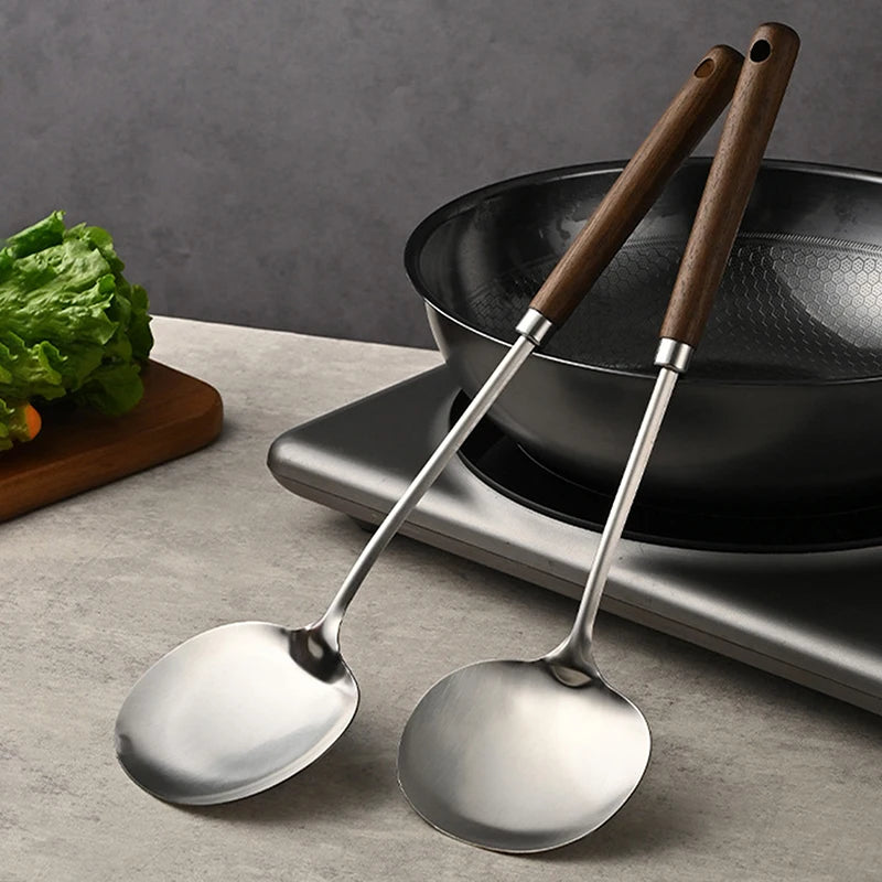 Stainless Steel Wok Spatula Chef-specific Cooking Spoon Wooden Long Qme