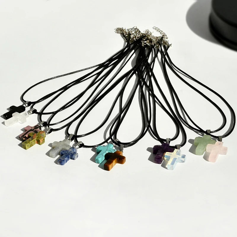 Natural Stone Cross Pendant Necklace, Colorful Punk Rock Style, Street Cool Vintage Y2K Goth Hip Hop Jewelry for Men and Women Qme