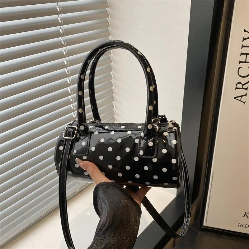Korean Polka Dot Crossbody Bag Barrel Shape Mini Handle Purse Daily Casual Shoulder Bag Women's Cute Elegant Underarm Bag Qme Black