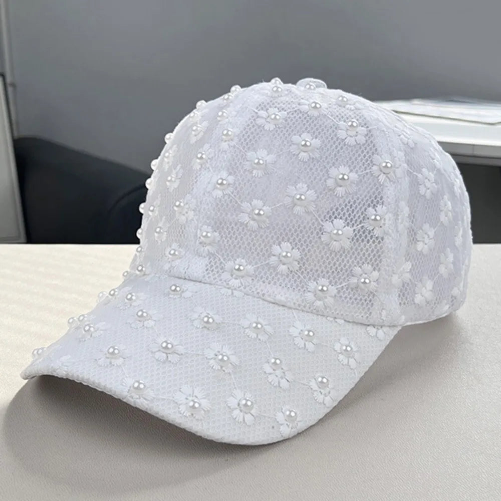 Embroidery Lace Baseball Cap Adjustable Sunscreen Embroidered Flower Qme White