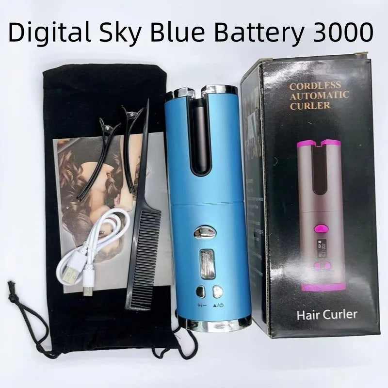 Automatic Hair Curler Wireless With Heat Timer Modes Rechargeable Portabl Fast Heating Styler For Perfect Curls Every Time Qme Skyblue battery 3000