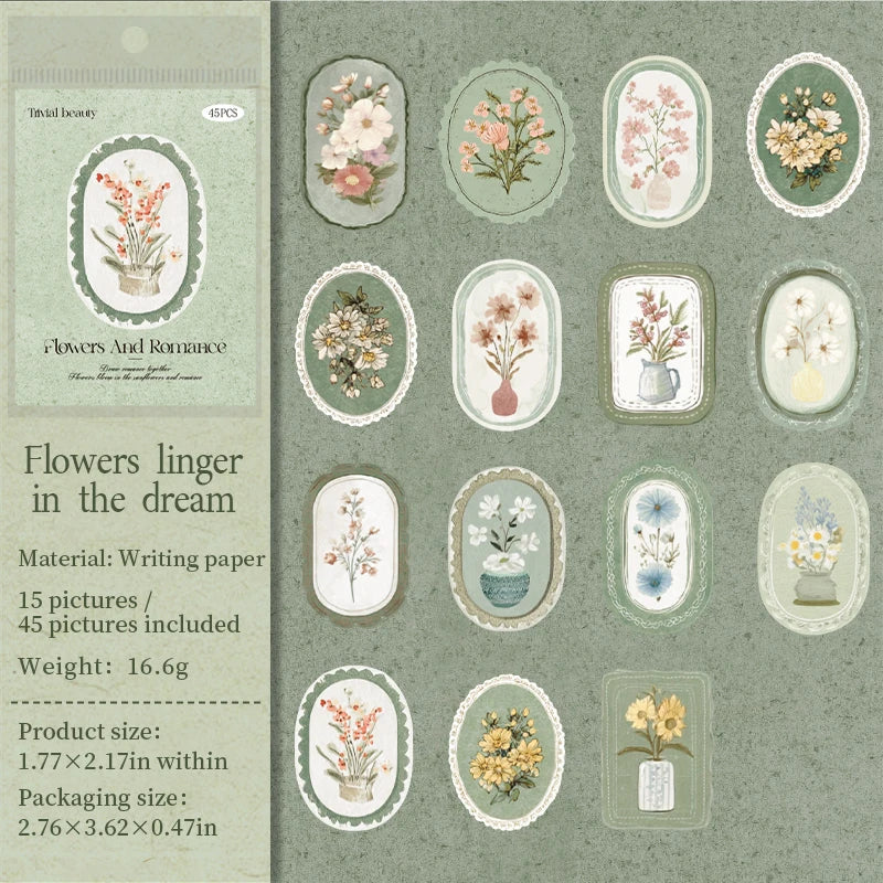 Mr. Paper 45pcs Serene Florals Sticker Pack - Boxed Flower Theme Collection, DIY Journal Collage Decor Set, Literary Stationery Qme 2