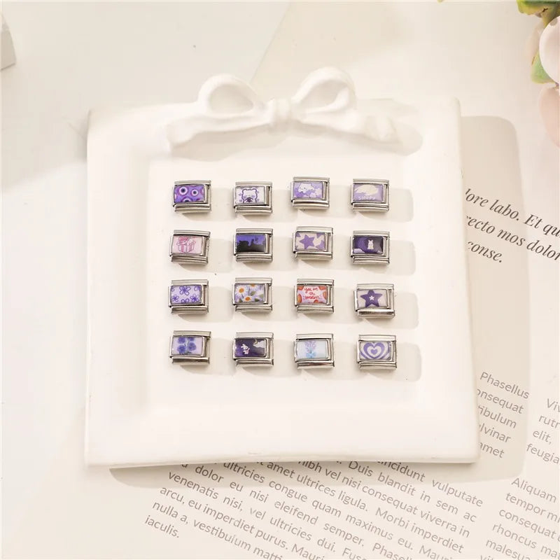 Y2K Wholesale Purple Cartoon Rabbit Planet Cat Italian Charm Link Fit 9mm Stainless Steel Jewelry DIY Making Women Bracelets Qme