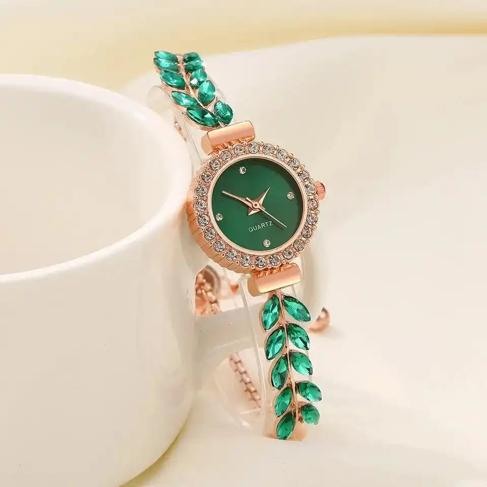 New diamond studded temperament, internet famous and popular bracelet, women's quartz watch, leaf jewelry set Qme 4