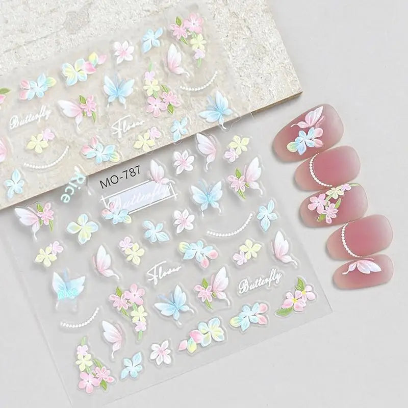 Dopamine Spring Flowers Butterfly Small Tulip Relief 3D Nail Stickers Qme