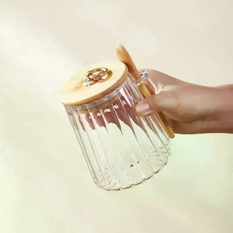 Clear Glass Food Containers with Wood Lid and Spoon Kitchen Storage Jar Sealed Cans for Loose Tea Candy Cereal Organizer Qme