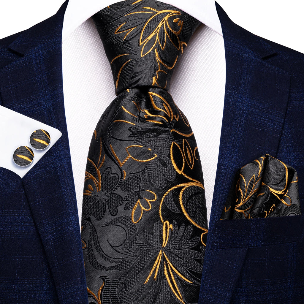 Hi-tie Luxury Box Black Gold Flower Pattern Tie Soft Men's Qme