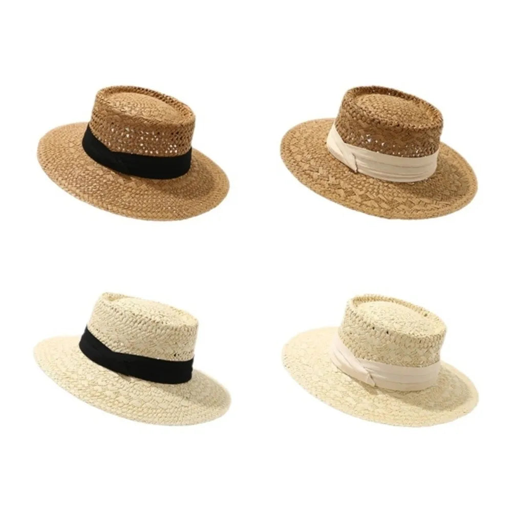 Fashion Wide Brim Hollow Straw Hat Sunscreen Cloth Buckle Western Qme