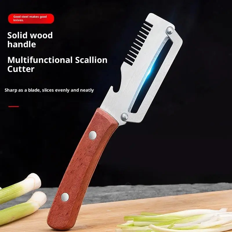 Multifunctional Stainless Steel Peeler Wooden Handle 3-in-1 Scallion Qme