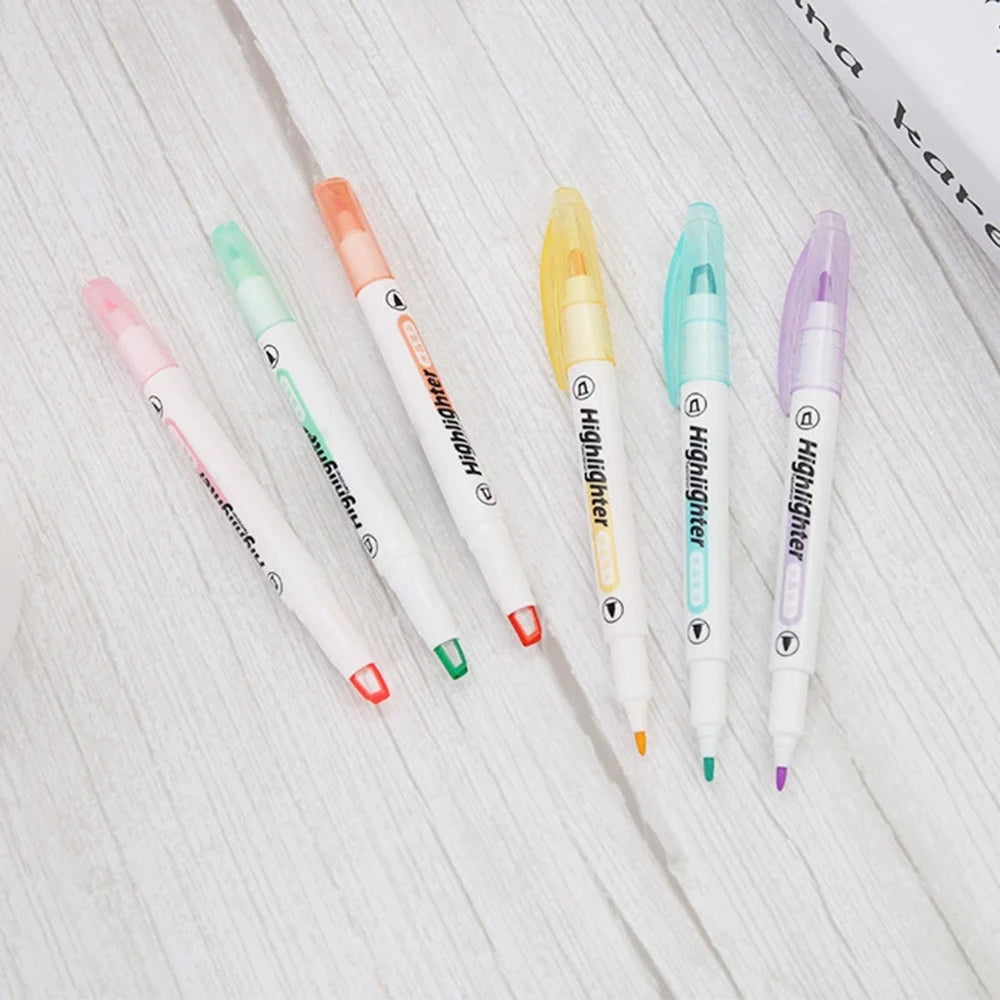Back To School 6 Colors Double Tip Pastel Highlighter Markers Smooth Writing Student Reading Note Taking Stationery Gift Set Qme