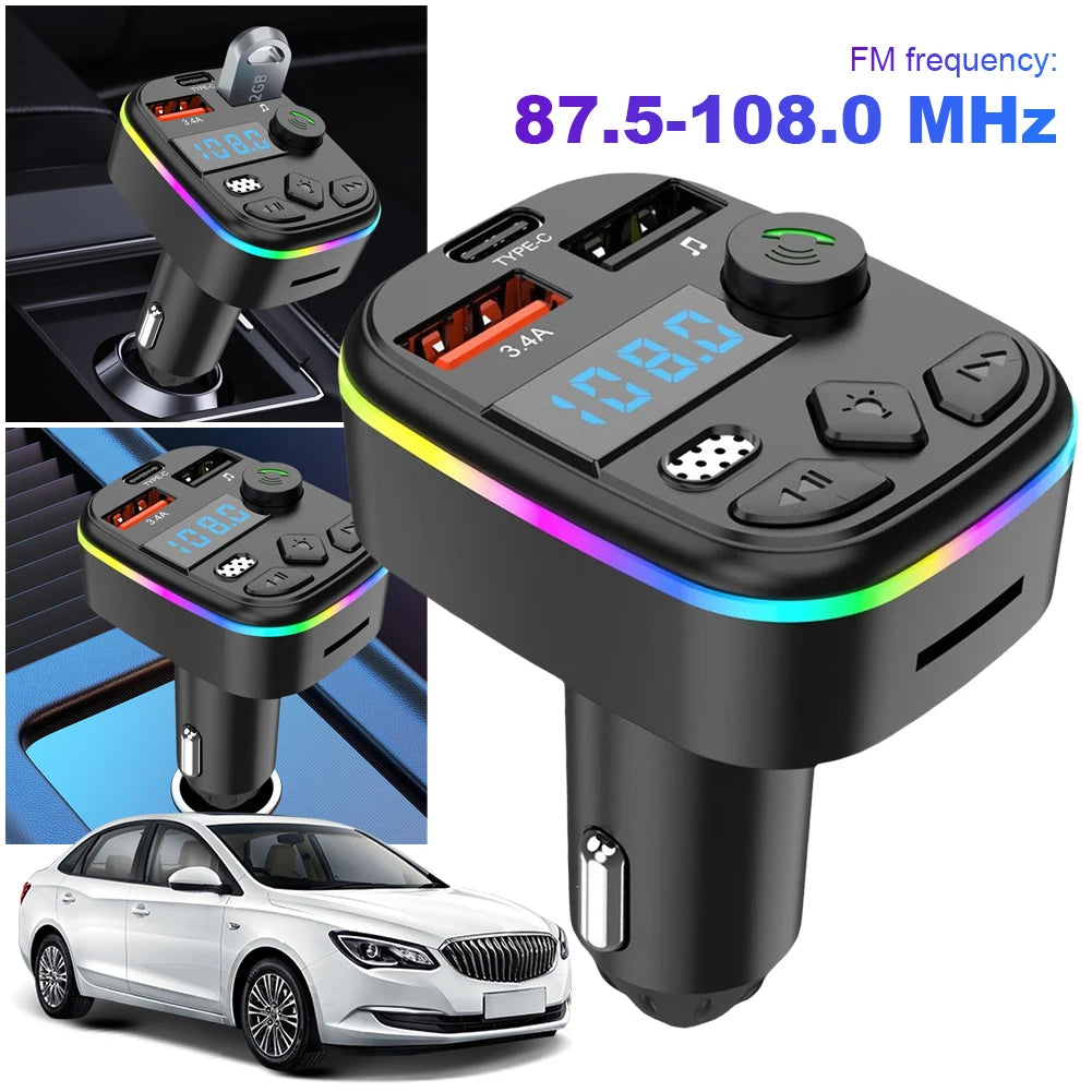 Car Charger Dual USB Type C Car MP3 Player Bluetooth-Compatible 5.3 Support TF Card U Disk Cell Phone Charger Car FM Transmitter Qme