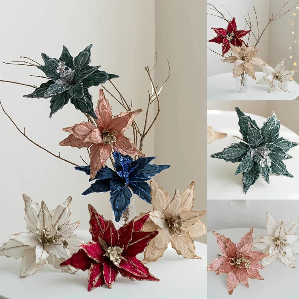 1pc Glitter Artificial Christmas Poinsettia Flowers Xmas Tree Decorations Home Fake Flowers Christmas Ornaments New Year 2024 Qme