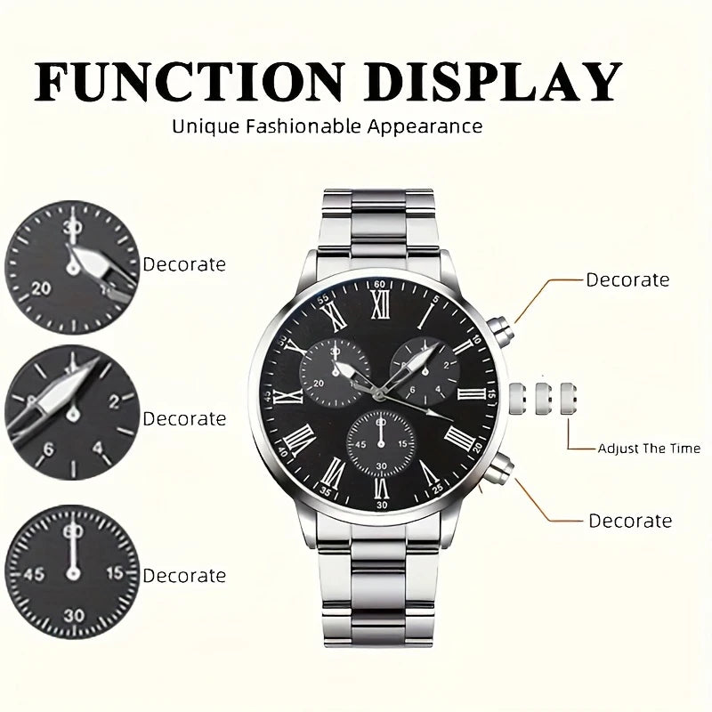 2 Pieces Fashion Men's Watch Quartz Simple Roma Dial Men's Business Watches Men's Watch (Without Box) Qme