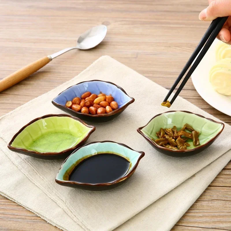 1/4PCS Leaves Ceramic Saucer Creative Ice Crack Glaze Leaf Ceramic Seasoning Soy Sauce Vinegar Plates Kitchen Multi-Purpose Dish Qme