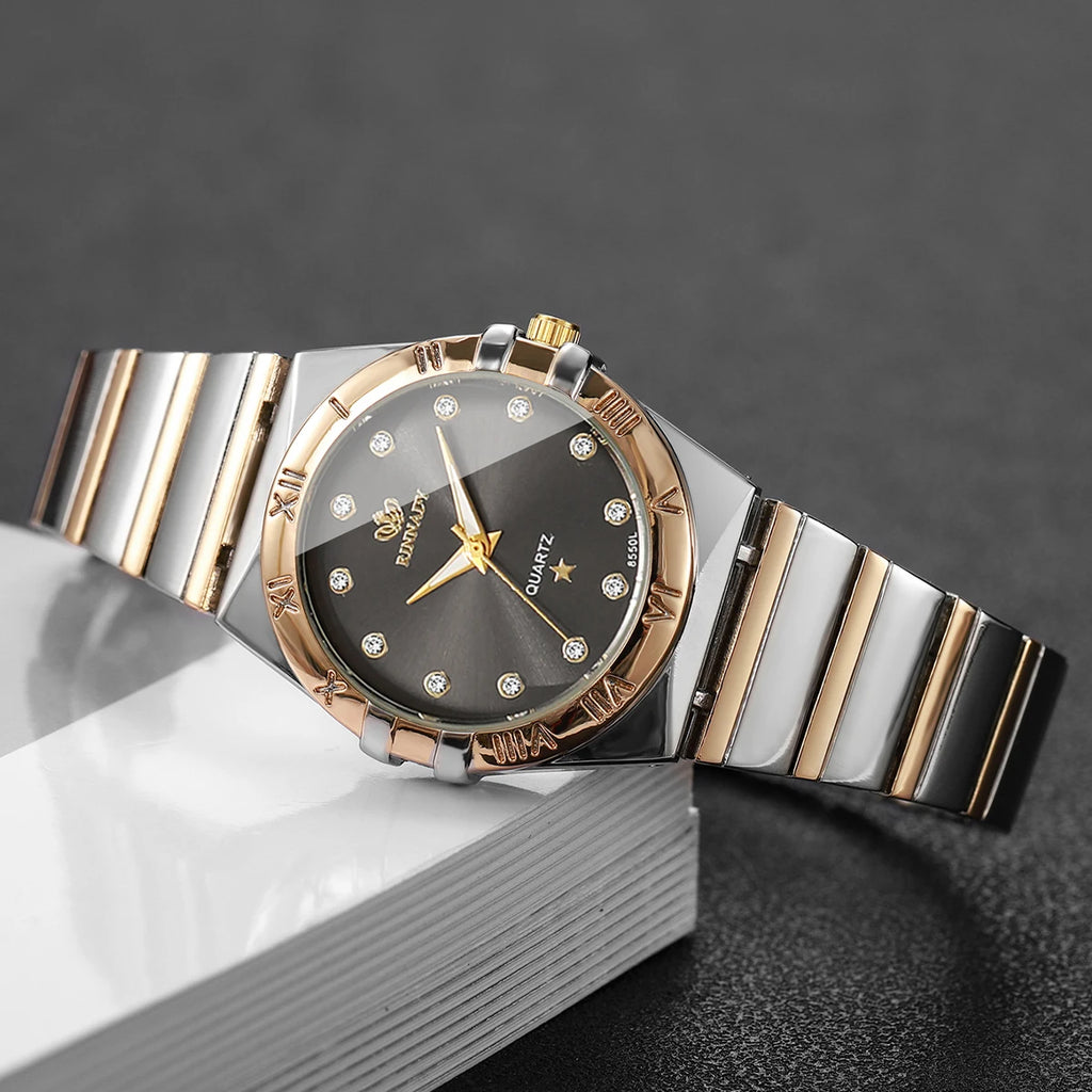 Two Tone Gold Silver Ladies Watch Rhinestone Dial Roman Trim Bezel Stainless Steel Band Elegant Women Quartz Dress Wristwatch Qme
