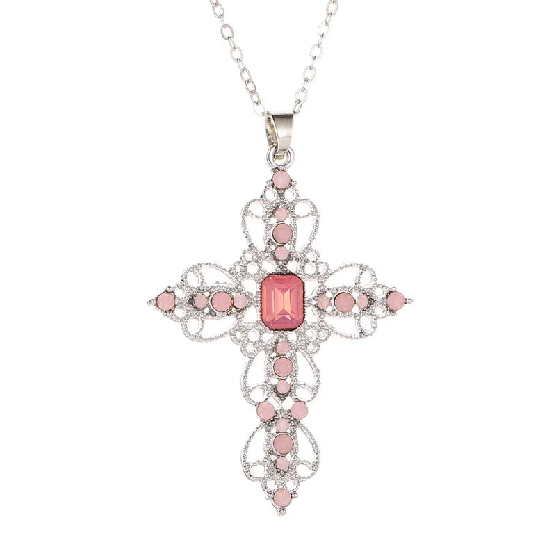 Hot Sale Fashionable Classic Necklace Irregular Goth Large Cross Pendant Necklaces for Women and Girls Zircon Cross Necklace Qme Pink