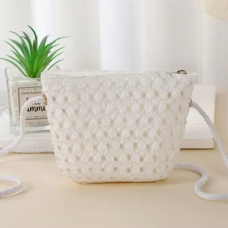 Hollow Handwoven Shoulder Handbag Mini Straw Bag Crossbody Bag Kid Summer Beach Straw Bag Envelope Wallet For Wowen Girls Qme White