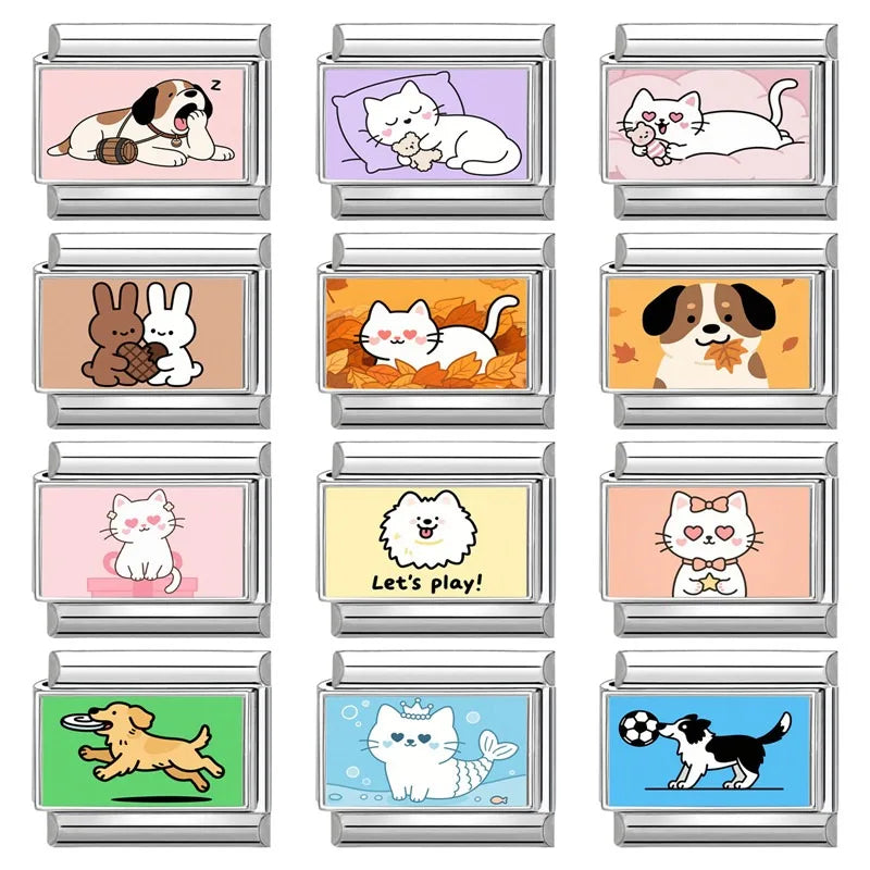 Wholesale 2025 New Cute Leaf Cats Dogs Rabbit Samoyed Italian Charm Link fit 9mm Stainless Steel Jewelry DIY Making Bracelets Qme