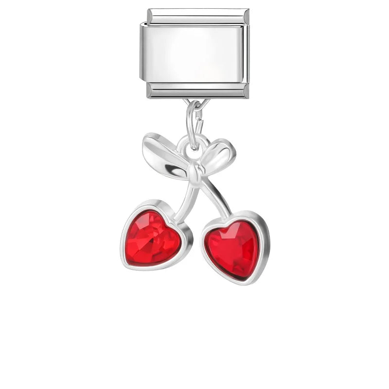 Shiny Colorful Zircon Pendant Series Red Cherry Bow Italian Charm Link Fit 9mm Stainless Steel Bracelet Women Jewelry DIY Making Qme Style 1