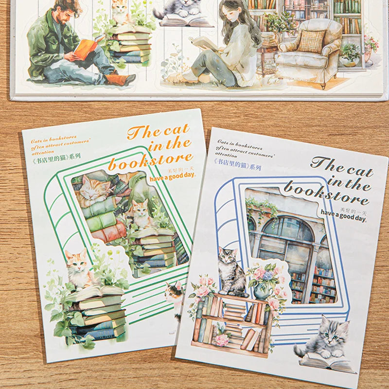 Sticker Pack 15 Sheets/Bag Bookstore Reading Cat Scrapbook Stationery DIY Journal Phone Case Notebook Decoration Qme