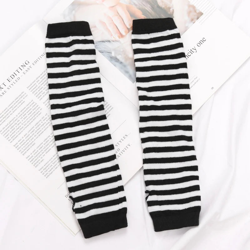 Punk Winter Warm Long Sleeves Gloves Goth Men Women Fingerless Stripe Hip-Hop Knitted Elbow Mittens Elastic Outdoor Warmer Arm Qme Dark Grey Length -32cm