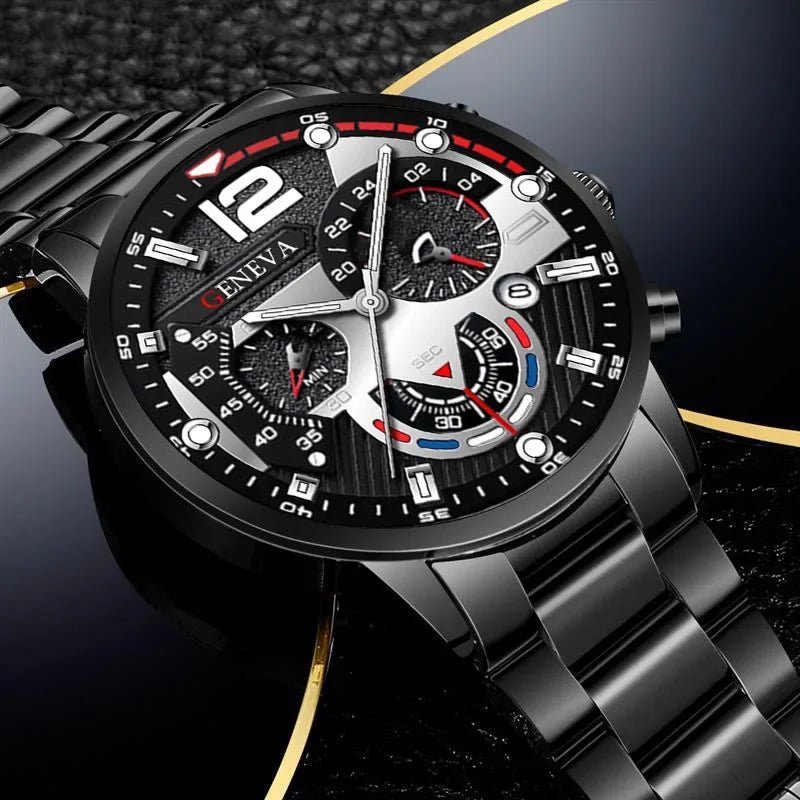 GENEVA Men's Creative Six-Pin Watch Alloy Steel Band Quartz Watch Men Watch New Luxury Men's Quartz WristWatch Qme