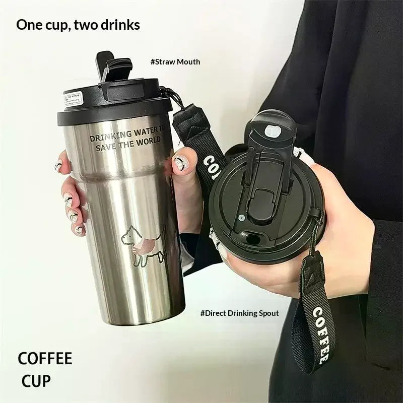 Cute Insulated Coffee Mug St Portable Dual Drink Mouth Women's High Aesthetic Value Water Cup Heat Preservation Cup Qme
