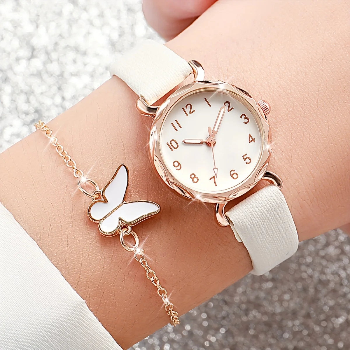 Simple bezel, white plate, quartz women's watch strap+white drip oil butterfly necklace, bracelet, earrings, ring, five pieces Qme
