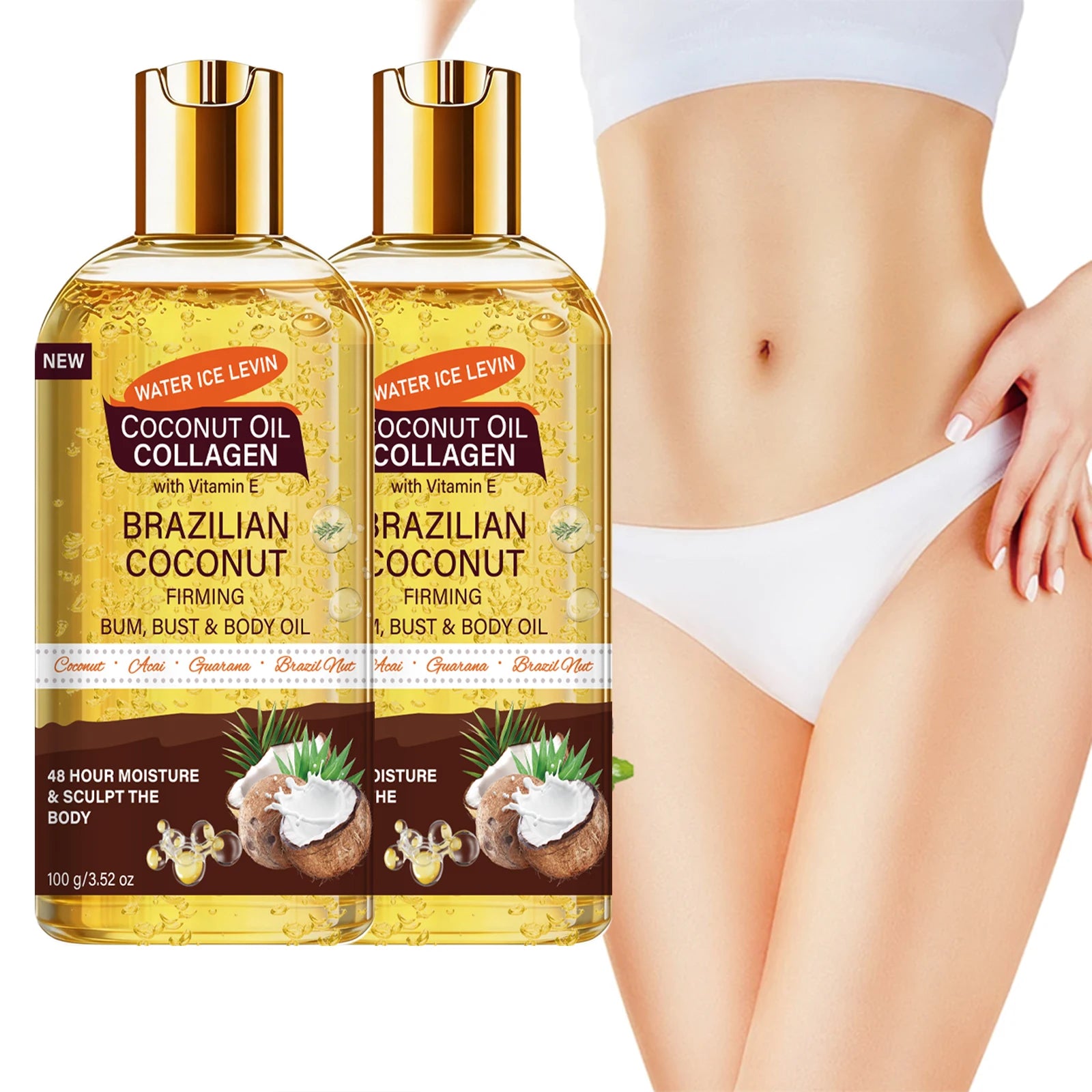 Brazilian Firming Body Oil - Coconut & Collagen, Moisturizing for Bum, Bust & Skin Qme