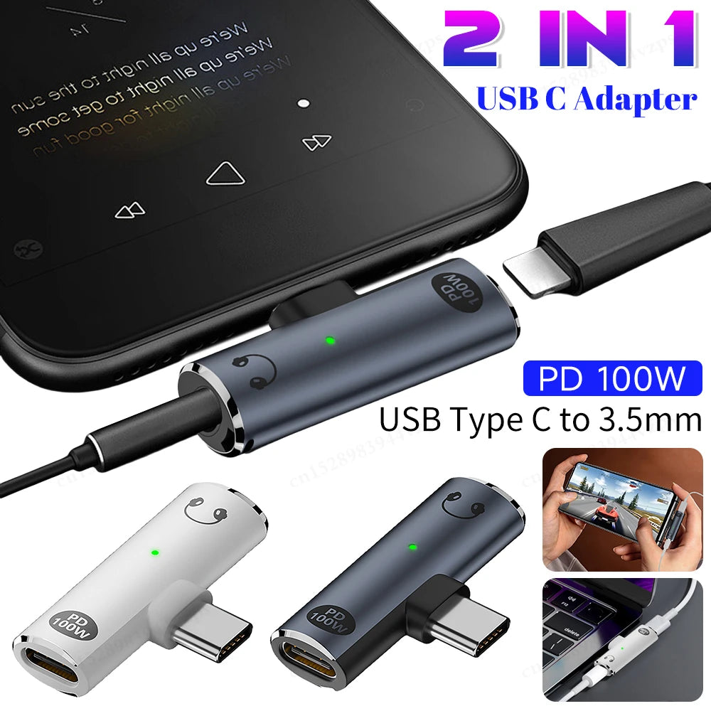 2 in 1 USB Type C To 3.5mm Headphone and Charger Adapter PD 100W Earphone Splitter Type C Adapter for Xiaomi Huawei iPhone 15 16 Qme