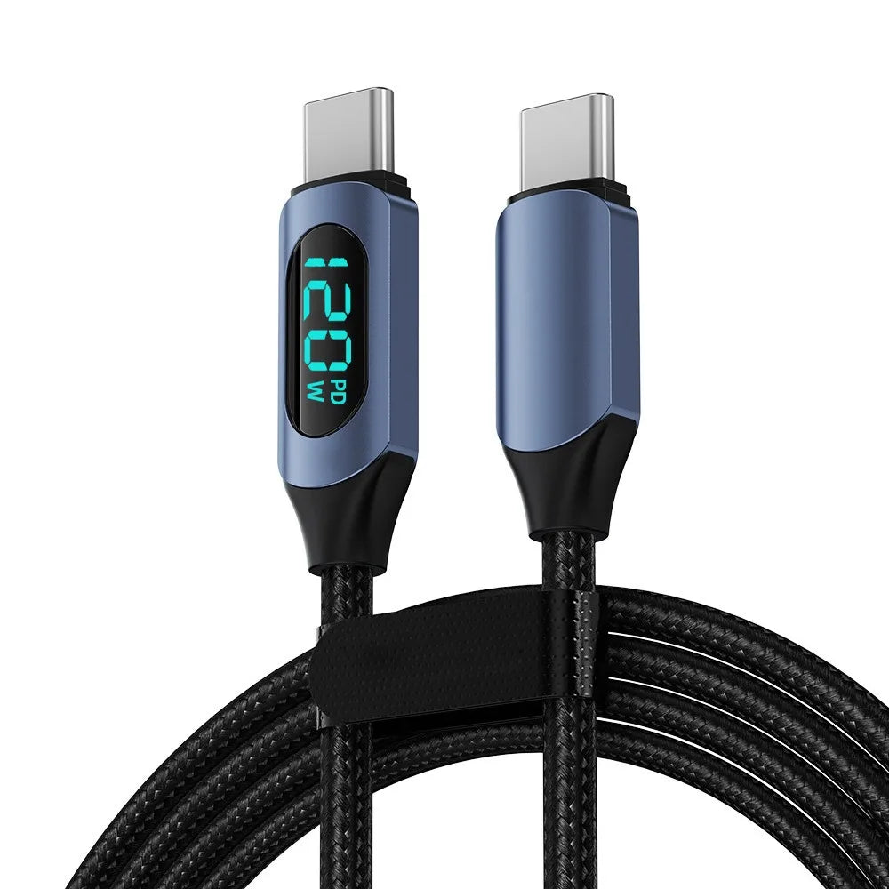 PD 120W Fast Charging Data Cable LED Digital Display USB C Nylon Braided Mobile Phone Charger Cord For iPhone 17 Samsung Xiaomi Qme Type C to C Blue 1m