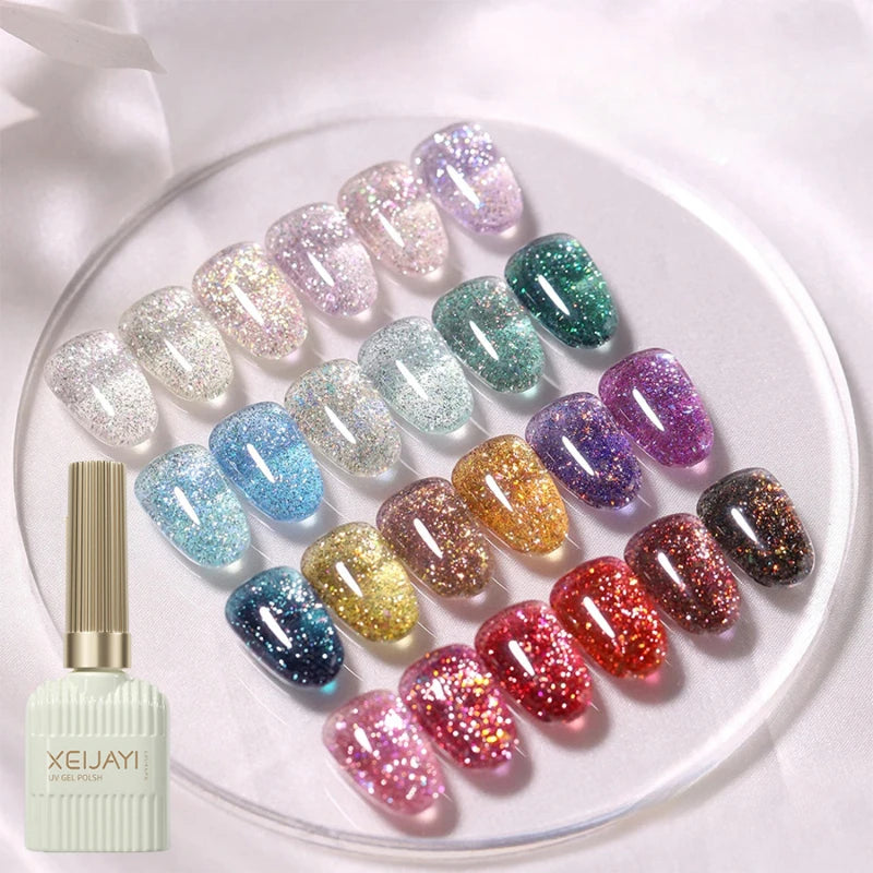 10 Colors Holographic Glitter Gel Nail Polish Spring Color Sparkling Sequins Soak Off Uv Led Varnish Nail Art Diy Qme