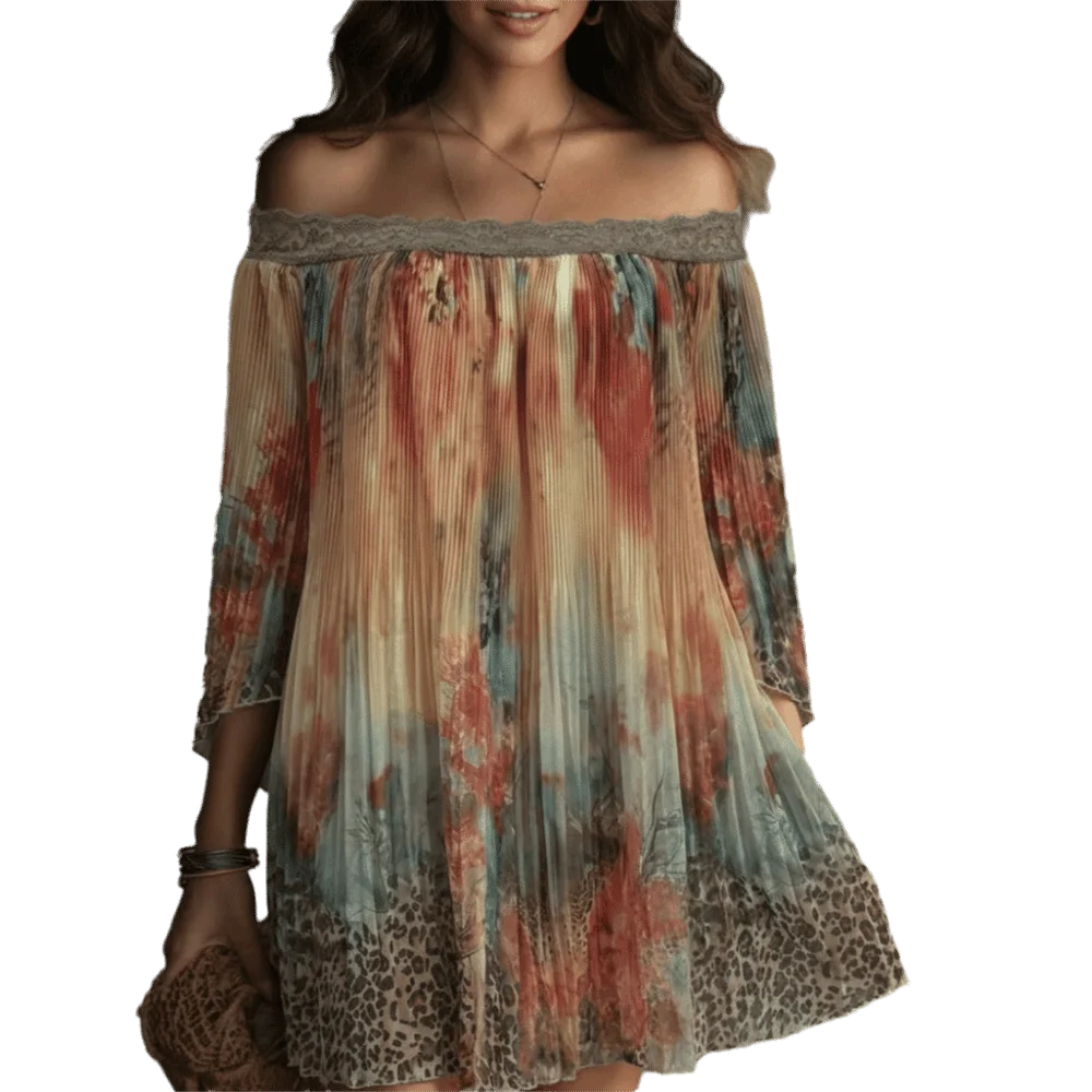 Thin Floral Print Off-shoulder Dress Loose Lace Trim Summer Skirt Qme S Flower Leopard