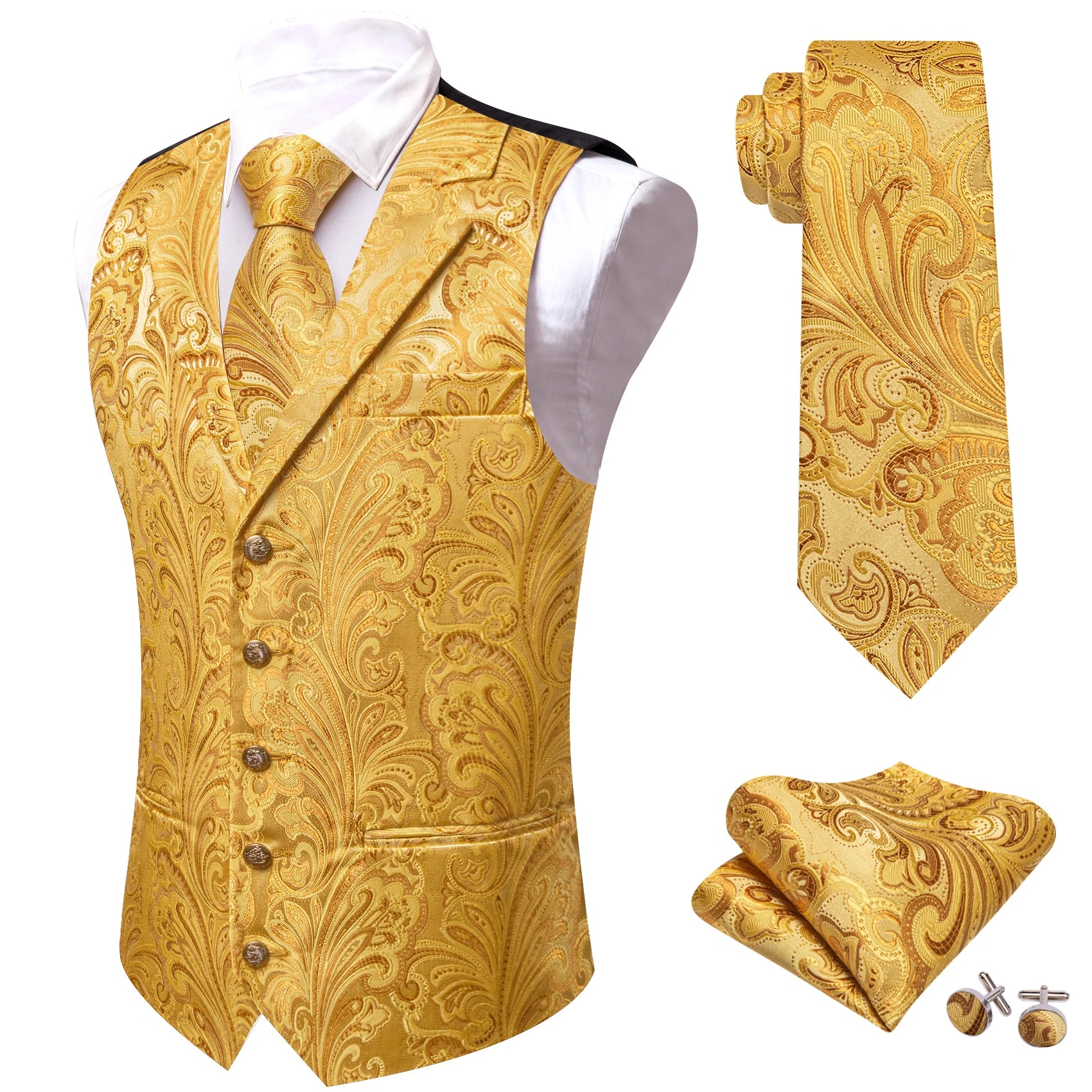 Men's Jacquard Waistcoat Half Notch Lapel Vest Necktie Pocket Square Cufflinks Set Formal Wedding Party Prom Business Suit Vests Qme BW-MJTZ2138 S