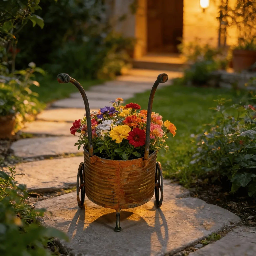 Rustic Iron Wrought Small Trolley Planter Distressed Four-leaf Clover Wheeled Flower Pot Creative Decorative Piece for Balcony Qme