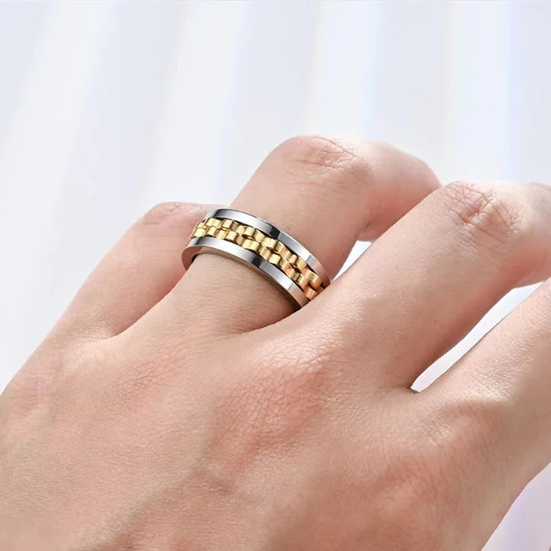 Fashion Punk Style Gear Rotating Anxiety Fidget Ring Titanium Steel Chain Spinner Rings For Men Rock Biker Wedding Party Jewelry Qme