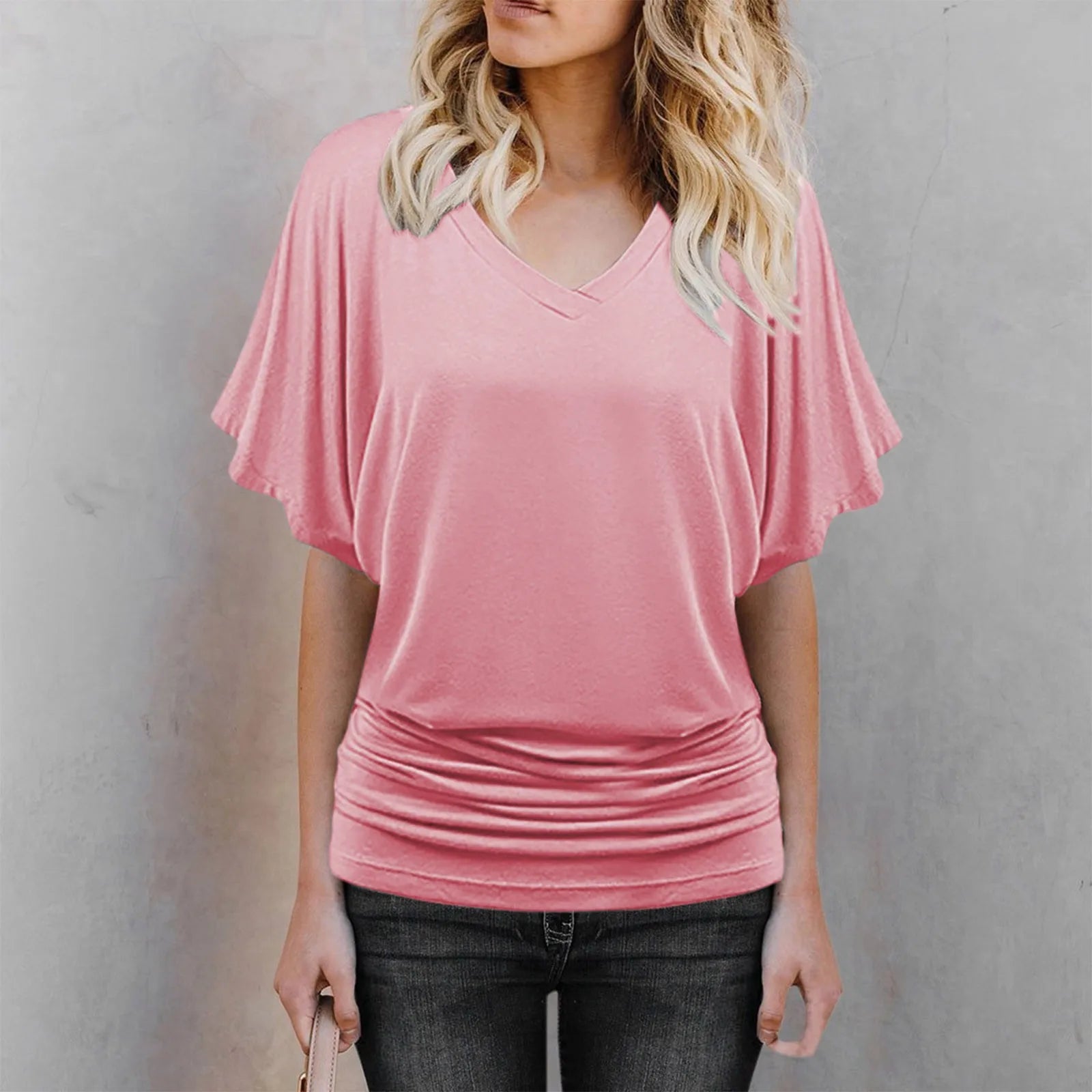 Soft Pleated Summer Bating Short Sleeved V-neck Solid Color T-Shirt Fashionable Classic Soft And Comfortable Daily Top For Lady Qme Pink XXL