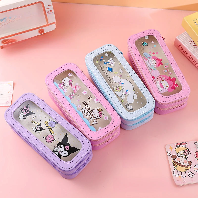 Hello Kitty Kuromi Transparent Double-Layer Pencil Case with Window Large-Capacity, Stylish Pencil Case Student Pencil Case Qme