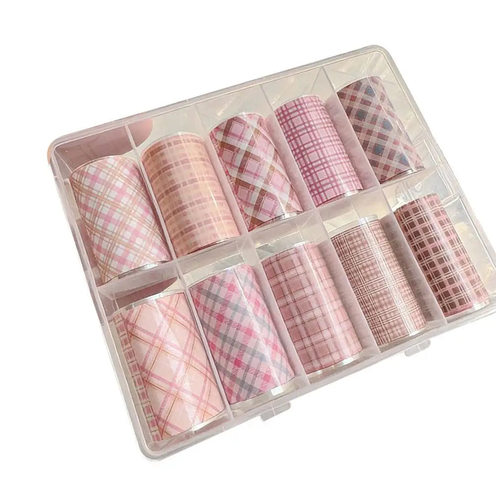 10Roll Box Plaid Flower Nail Foil Transfer Stickers Art Self-adhesive Qme pink