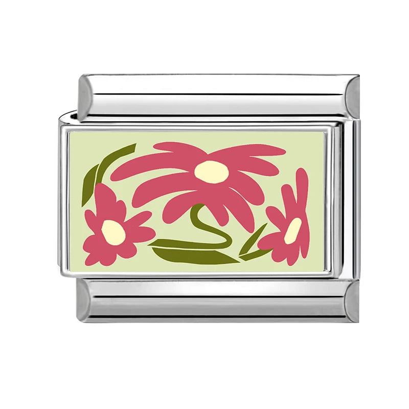 Fashion Oil Painting Green Background Color Flowers Italian Charm Links Fit 9mm Stainless Steel Bracelet Jewelry DIY Making Bead Qme Style 36