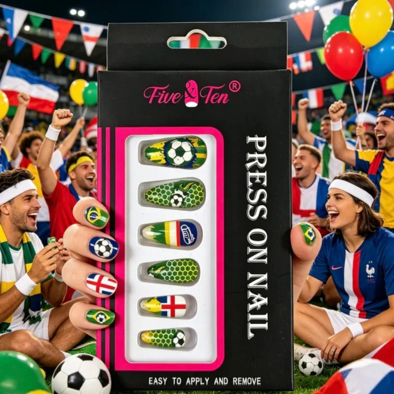 Brazil Press On Nails Green Yellow Football Fan Party Fake Nails Waterproof Easy Apply Remove Qme