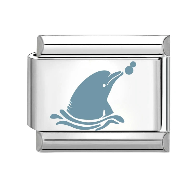Cartoon Cute Blue Fishs Dolphin Laser Engraving Italian Charm Links