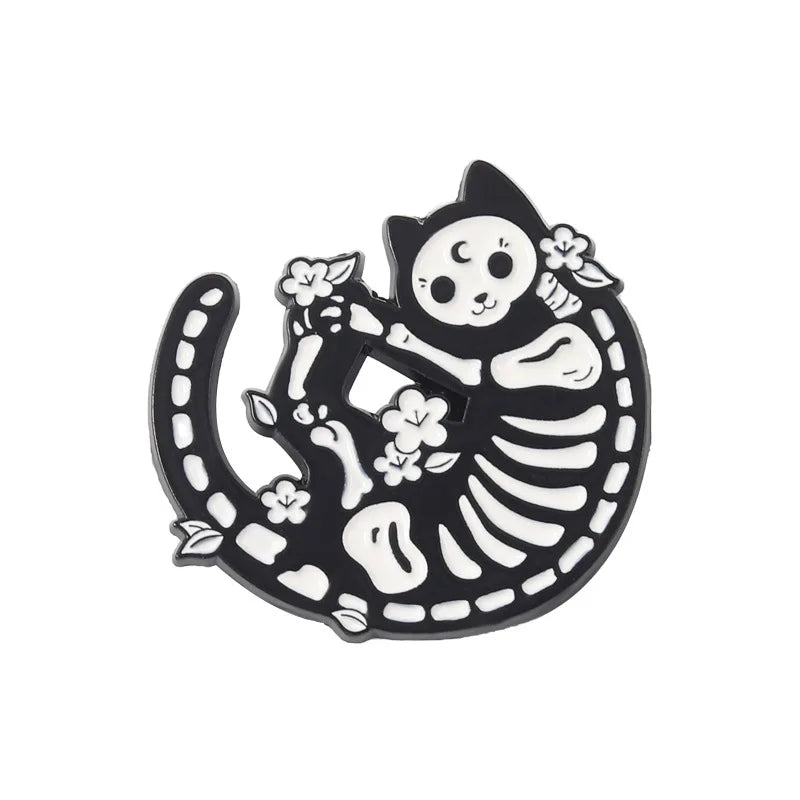 Black Cat Enamel Pin Skull Skeleton Brooch Badge Animal Gothic Flower Jewelry Kids Gift Party Lapel Clothes Backpack Wholesale Qme style 5
