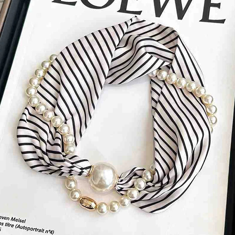 Magnetic Narrow Elegant Satins Neck Scarf Wrap Pearls Chain Necklace Qme black and white