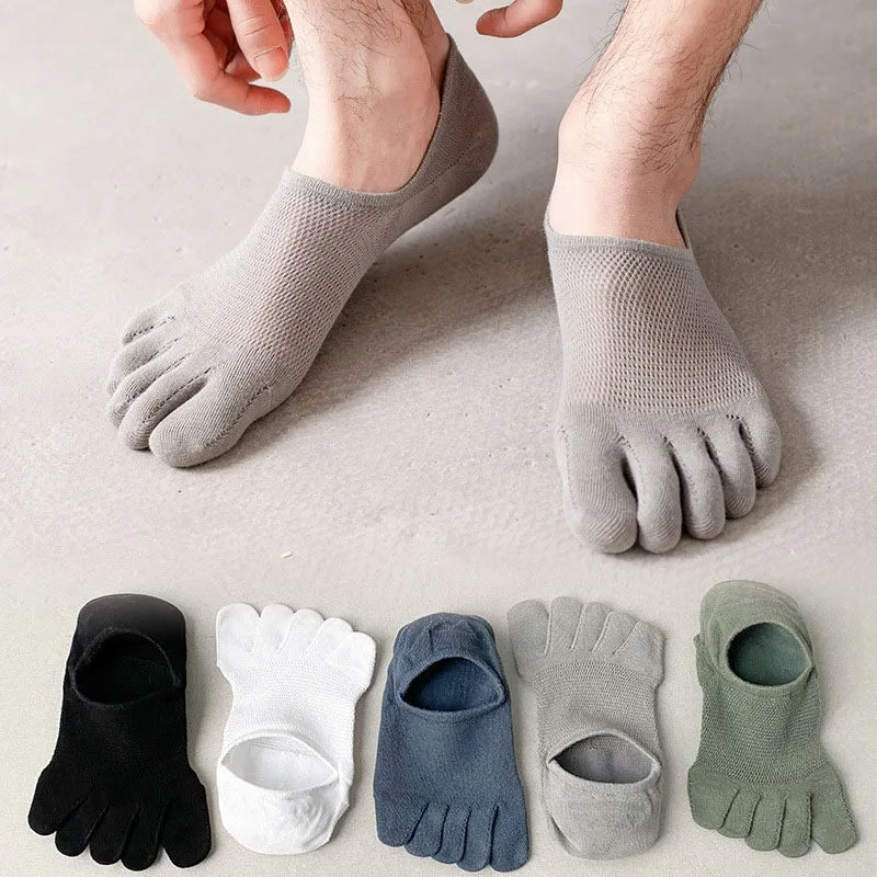 2025 Man Slipper Toe Socks Mesh Hollow No Show Ankle Short Socks Sports Sweat-Absorbing Cotton Breathable Five Finger Boat Socks Qme